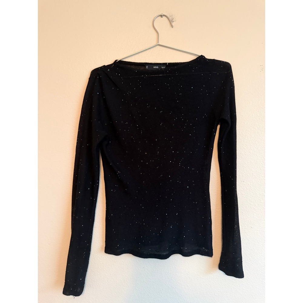 Mango Sequin Top Womens Size S Black Long Sleeve Starry Celestial Sparkle Knit - Picture 3 of 6
